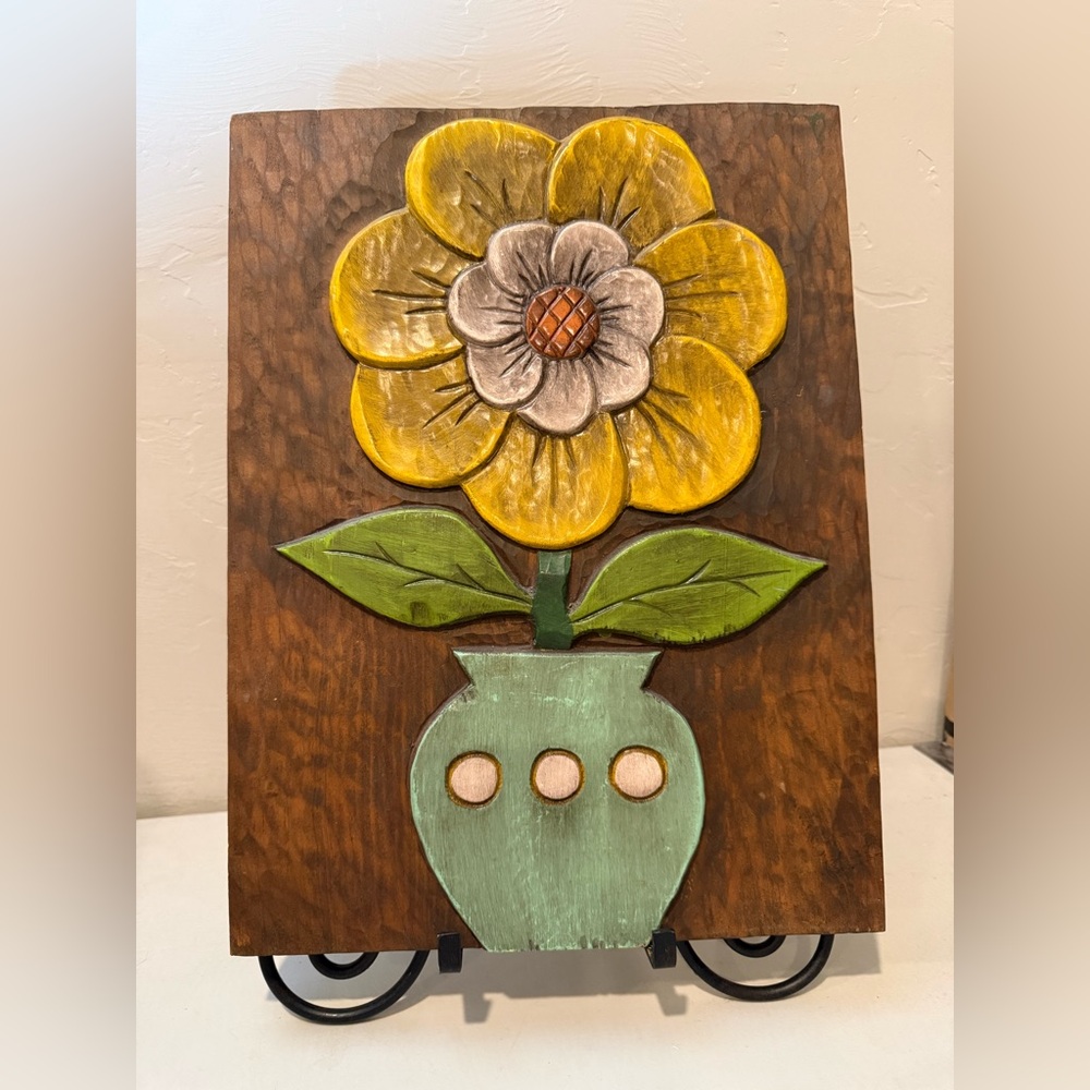 Vintage Carved Painted Wood Panel Wall Plaque Bas Relief Folk Art Large 15 x 12”